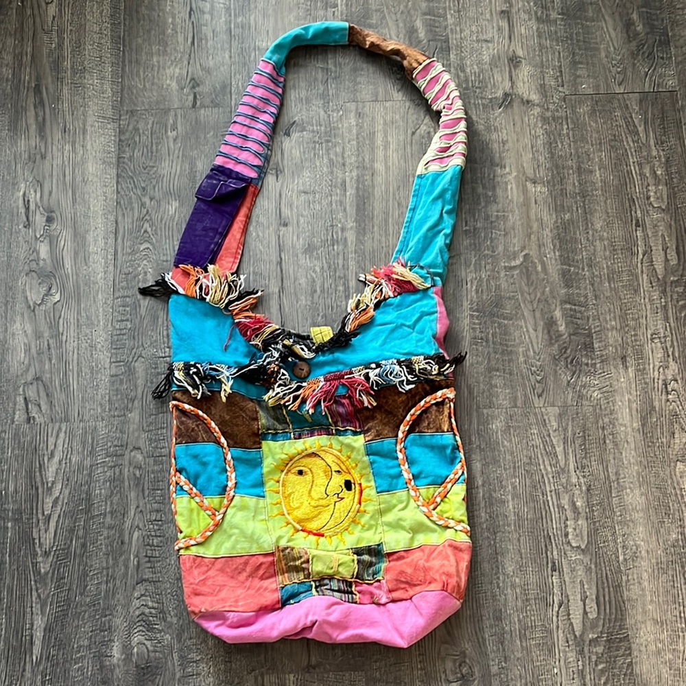 Moon & sun Peace sign Bohemian hippie tie dye tote bag